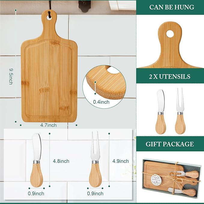 12 Set Bridal Baby Shower Cheese Prizes Wooden Square Board Gift Set Knives Forks Thank You Tags with Box for Guests for Valentines Bridal Baby Shower Housewarming Gifts (Bamboo Color)