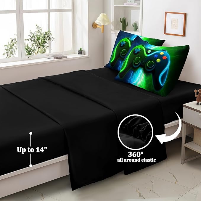Gaming Comforter Sets for Boys, Blue Green Lightnings 6 Pcs Bed in A Bag Full Size Gamer Bedding Set with Sheets for Teens
