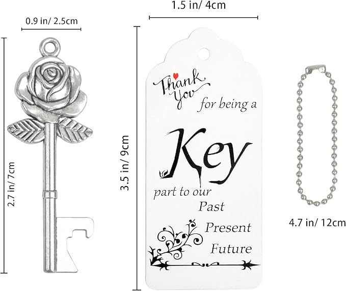 Aokbean Bulk 100 PCS Rose Flower Shaped Keys Wedding Favors Gift for Guest Bulk Skeleton Key Bottle Opener with Card and Chain for Rustic Party Bridal Showers Decorations (Silver)