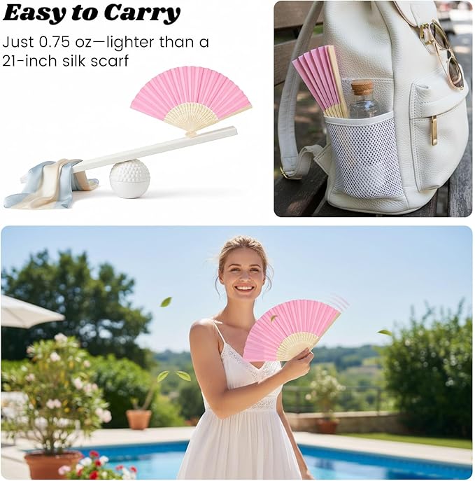 JOHOUSE 12 PCS Paper Folding Hand Fans, 8.3 Inch Pink Paper Fans Handheld Portable for Wedding, Party Favors, Bridal Baby Shower DIY Crafts Pink Party Decorations Valentine's day gifts for class