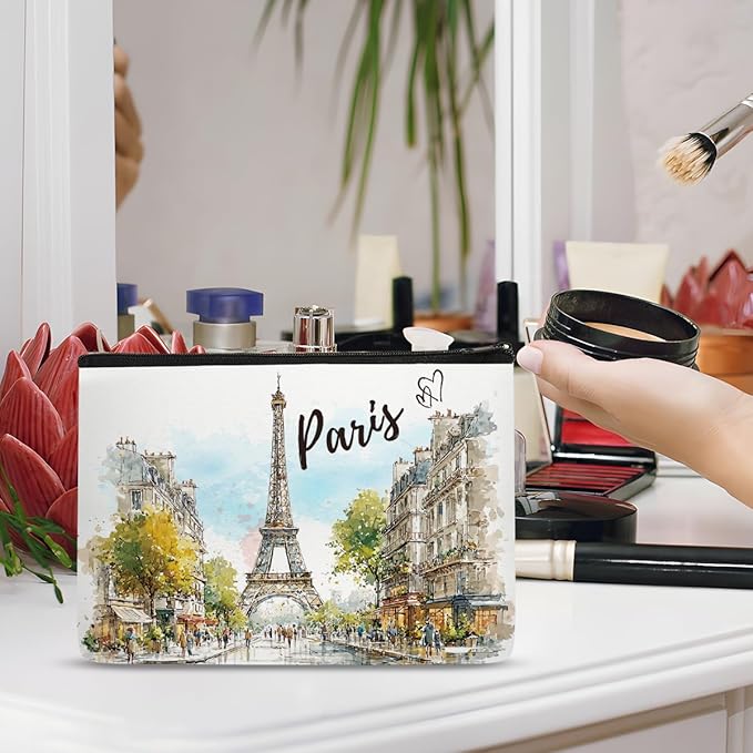 Paris Makeup Bag Gifts for Women – Paris Souvenirs From France Travel Essentials Watercolor Cosmetic Bag with Eiffel Tower Design, Travel Pouch for Girl Toiletries Souvenir Organizer
