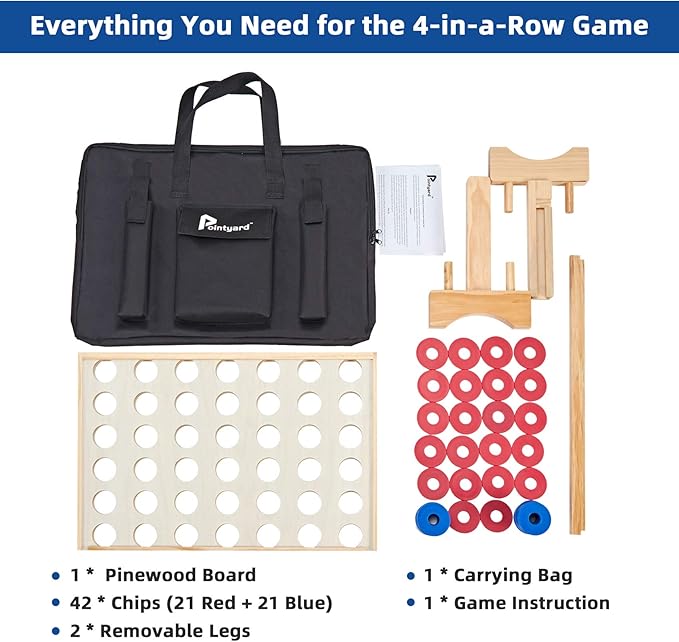 Pointyard Giant Wooden 4 in A Row Game 2.8Ft, Indoor and Outdoor Jumbo Board Game for Teens,Includes 42 Pcs Chips & Durable Carrying Bag, Halloween Christmas Party Gifts for Kids Adults Lovers