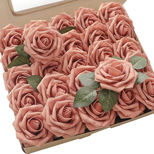 Floroom Artificial Flowers 25pcs Real Looking Dusty Pinky Cedar Foam Fake Roses with Stems for DIY Wedding Bouquets Bridal Shower Centerpieces Floral Arrangements Party Tables Home Decorations