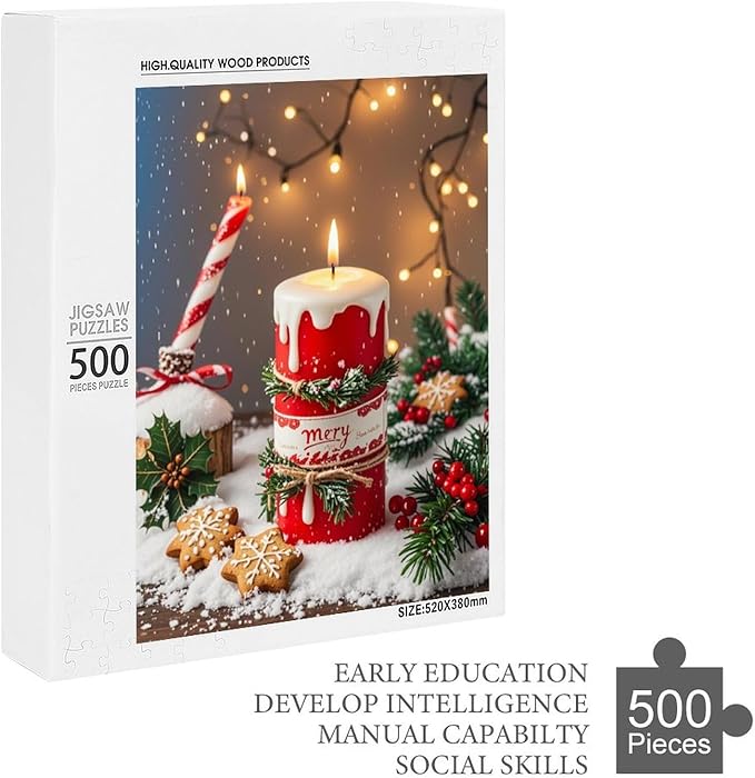Jigsaw Puzzles for Adults 500 Piece - Merry Christmas，Christmas Candles Wooden Puzzle，Stress Relief Games，Funny Puzzle，Unique Gifts for Wall Art ，Family Puzzles，Educational Games，Challenge Puzzles