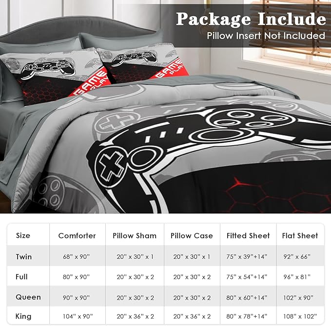 Comforter Set Twin Size, Boys Play Game Gamepad 5 Pcs Bedding for Kids and Adults, Video Gaming Sport Bed Sheet Sets with Fitted Sheet Pillowcase & Sham for Bedroom Bed Decor