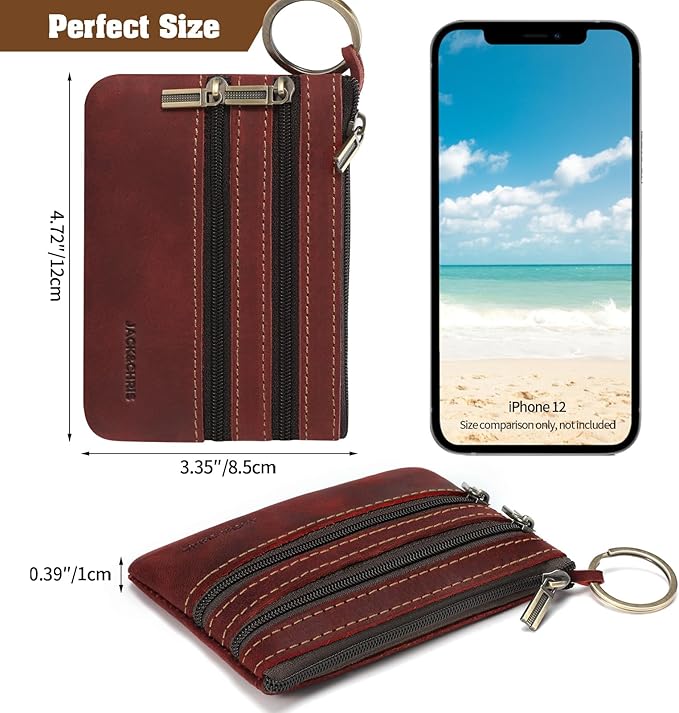 Jack&Chris Coin Purse Pouch for Men, Genuine Leather Coin Purse Zipper Pocket with Keychain Ring, Coin Bag for Men,JC301-Red