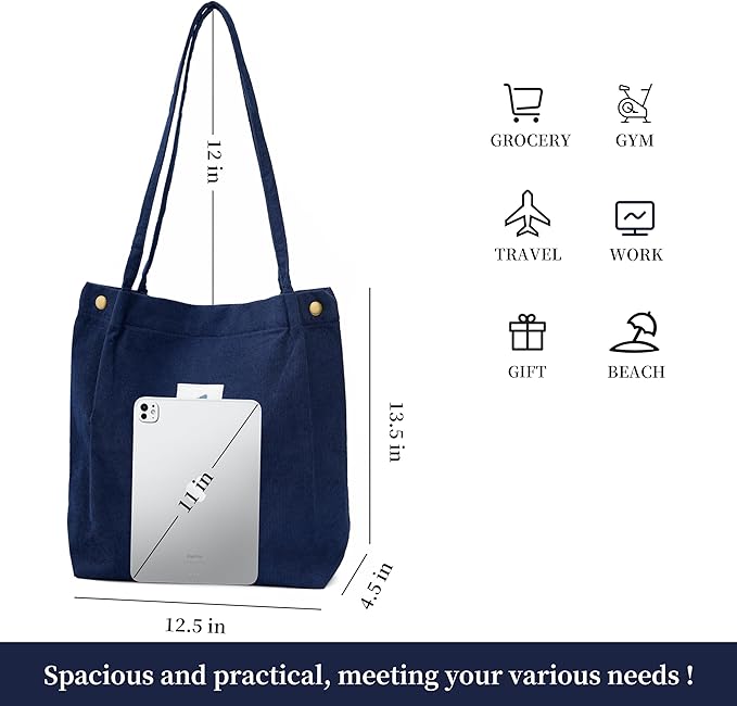 Corduroy Tote Bag Cute Tote Bags for Women Shoulder Bag with Inner Pocket for Work Beach Travel and Shopping Grocery