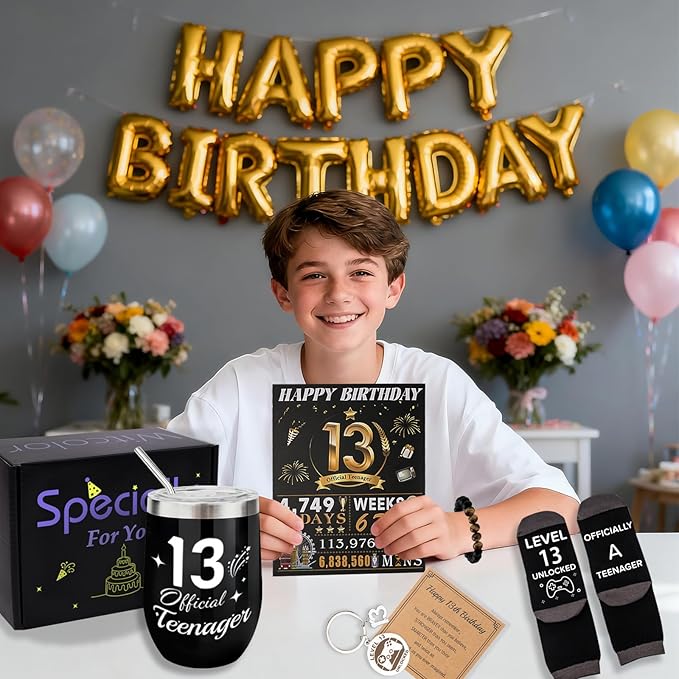 13th Birthday Gifts For Boys,13 Year Old Boy Birthday Gift Ideas with 12 Oz Tumbler, Funny Socks,Birthday Card, Bracelet,Keychain,Coolest Gifts for 13 Son Grandson Nephew Friend Birthday