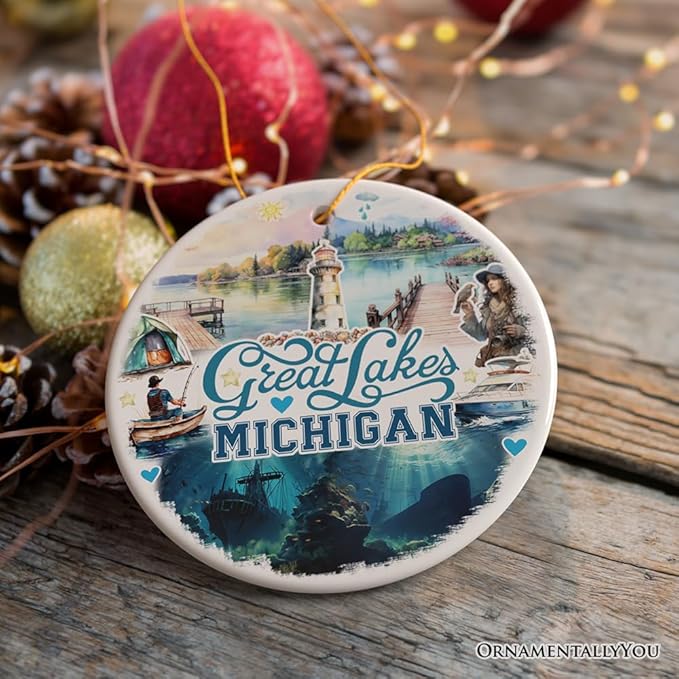 Artistic Great Lakes Michigan State Ornament, Ceramic Landscapes and Travel Souvenir and Gift (Version 1)