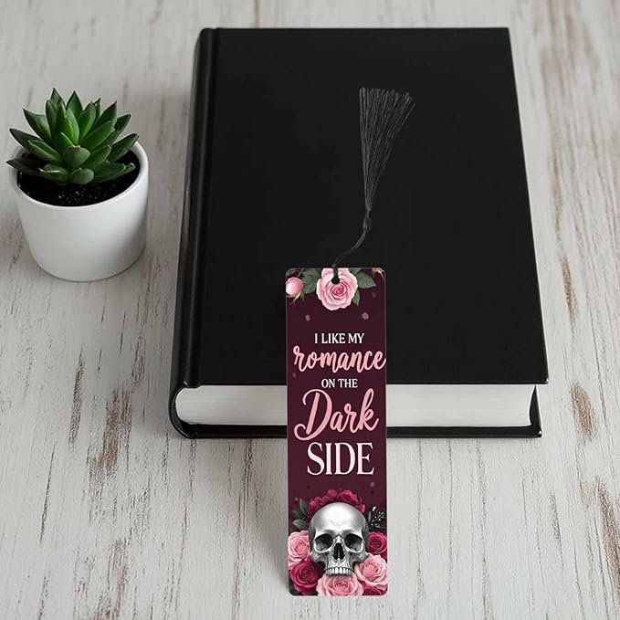 Romantic Skull Rose 5 Pcs Bookmarks Flower Halloween Valentine Dark Red Wooden Bookmarks with Tassel for Students Reader Teachers Book Lovers