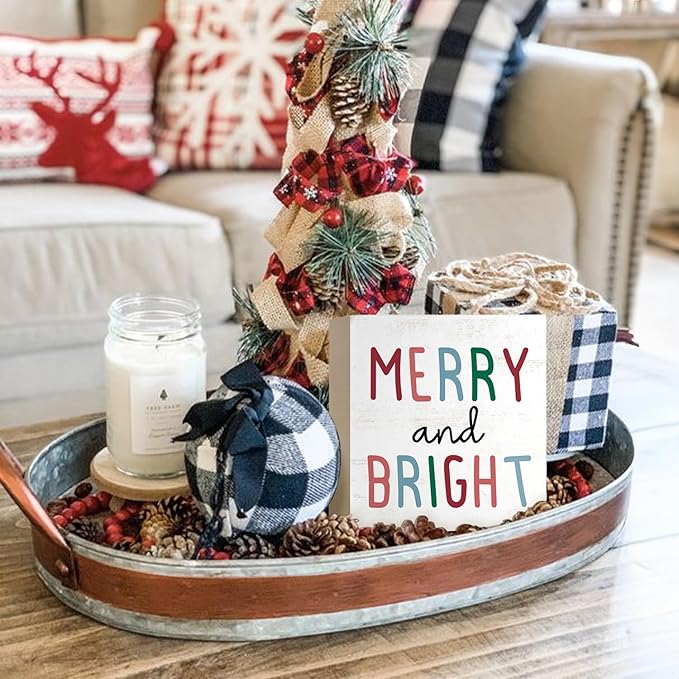 Mtrgdn Pastel Christmas Decoration for Home, Merry and Bright Xmas Wooden Box Sign Decor, Xmas Holiday Gifts, Merry Christmas Rustic Home Bedroom Bathroom Shelf Desk Decoration 5x5