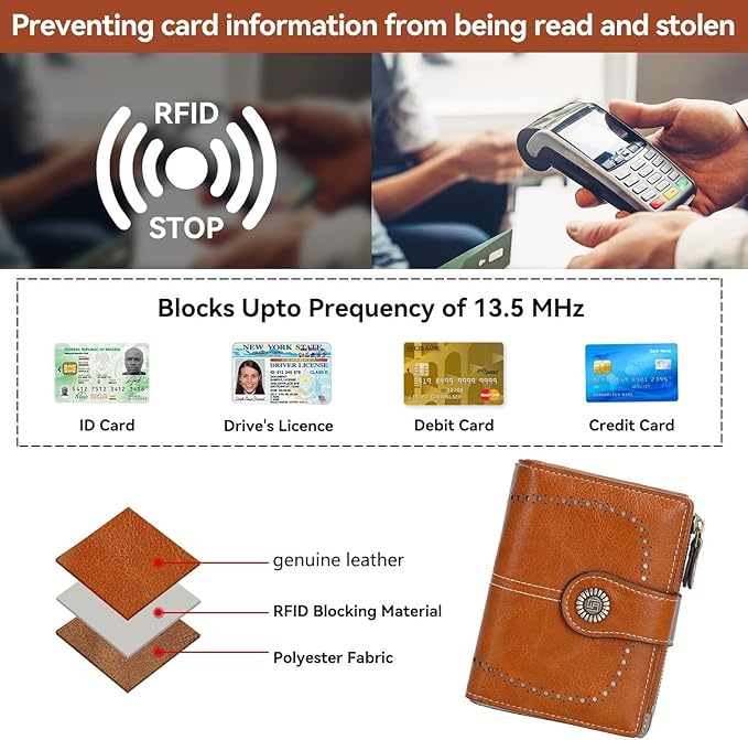 Women's Small Genuine Leather Bifold Wallet Large Capacity RFID Blocking with 16 Card Slots 2 ID Windows and Zipper Coin Pocket Pink (Brown)