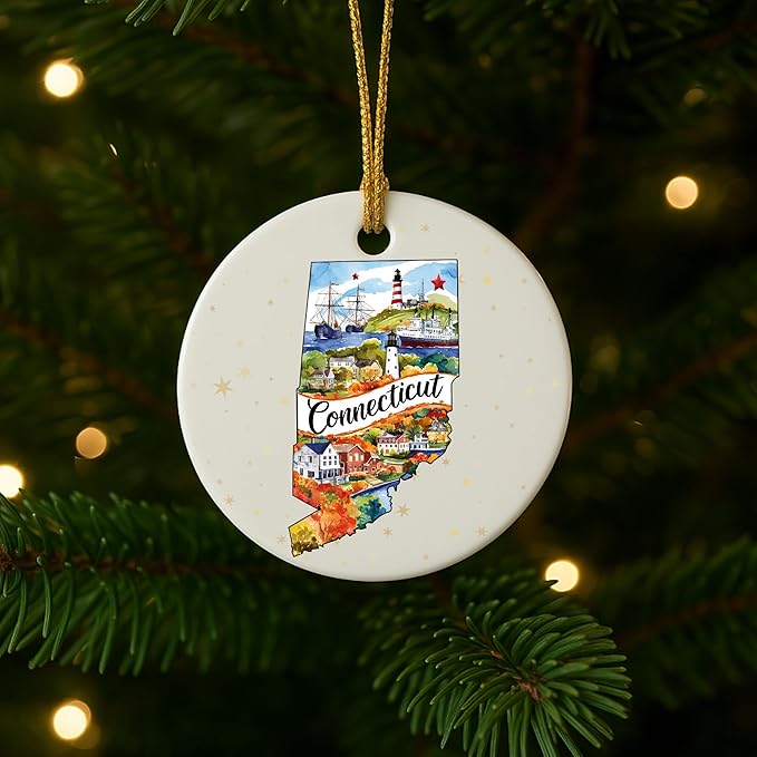 USA State Landmark Ceramic Ornament – Round Glossy Christmas Decoration Featuring U.S. State Art, Landmarks & Holiday Scenery – Collectible Travel Souvenir Ornament Series (Connecticut)