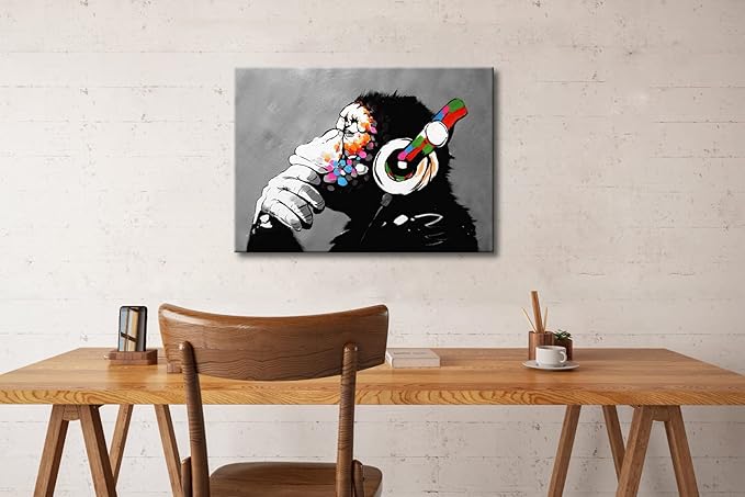 Wieco Art Monkey With Headphones Banksy Graffiti Art Abstract Canvas Painting Posters and Prints Animal Canvas Wall Art for Wall Decor and Home decorations Office Decor