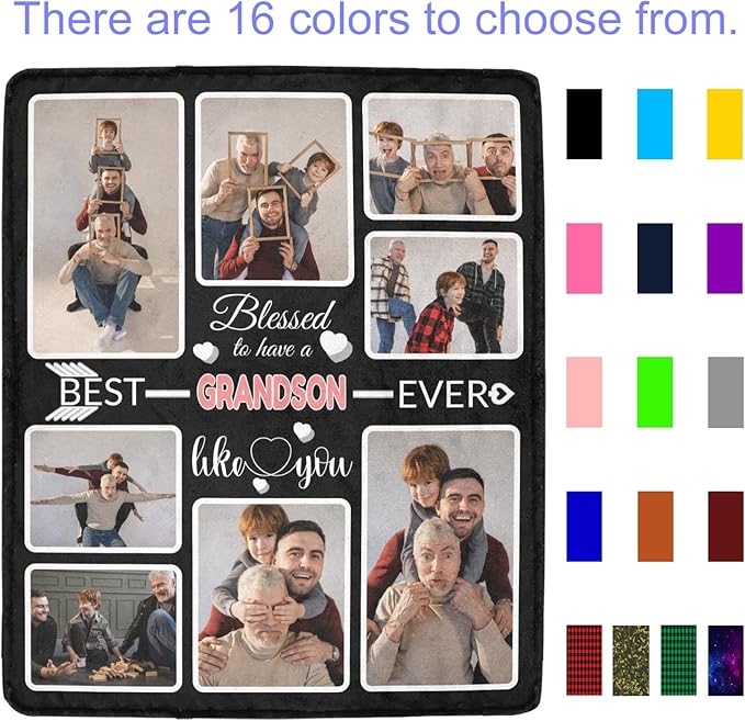 Custom Blanket Gifts for Grandson, Customized Blankets with Photos, Make a Personalized Bed Throws to My Grandson, Custom Souvenir Throw Blanket for Best Grandson Ever, 8 Collages Made in USA