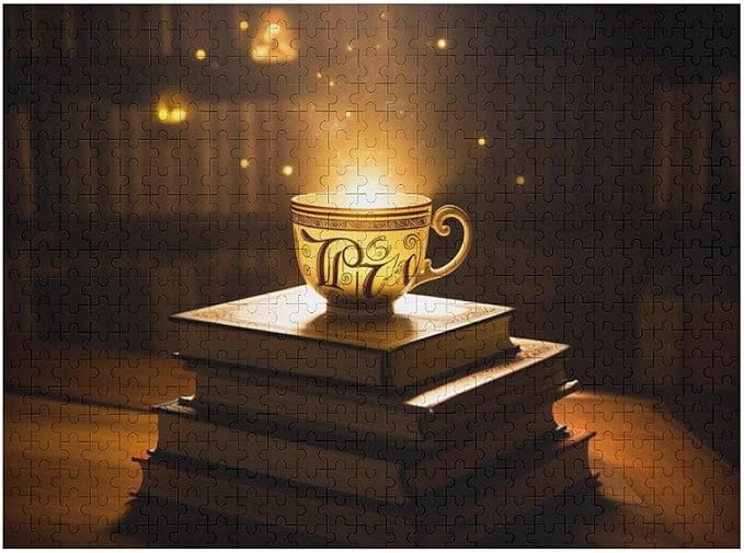 Wooden Puzzle - Hot Tea On A Book Rounded Corner Jigsaw Puzzles，Wooden Puzzles for Adults 500 Pieces Challenge Puzzles，Educational Games，Family Puzzles，Unique Gifts for Wall Art