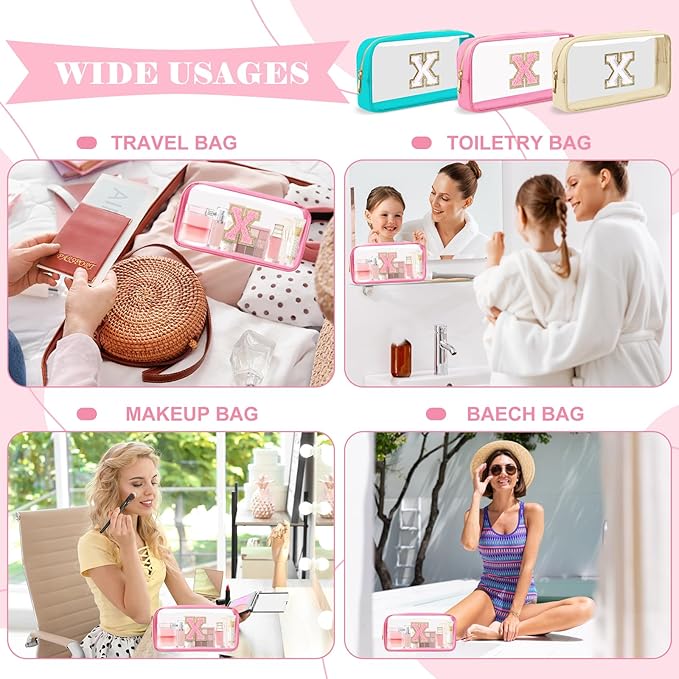 Personalized Initial Letter Clear Makeup Bag,Preppy Small Nylon&PVC Cosmetic Zipper Bag with Chenille Letter,Portable Beach Travel Skincare Toiletry Bag,Trendy Monogram Gift for Teen Girls Women,X