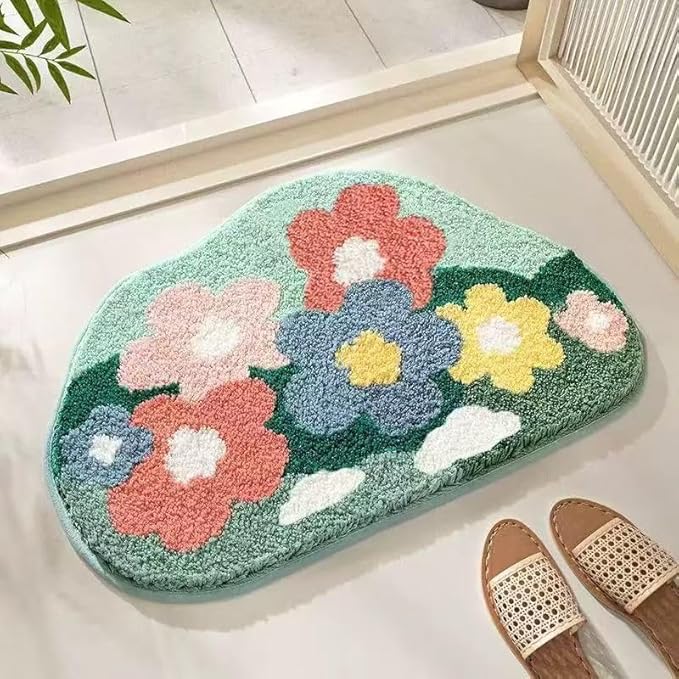 Ankah Shower Rug Bath Mat Forest Series Cartoon Design Bathroom Rug, Fluffy, Soft, Non-Slip, Durable, Absorbent Bath Rug, Irregular Plant Shaped Door Mat and Carpet, 17.7" x 29.5", Spring