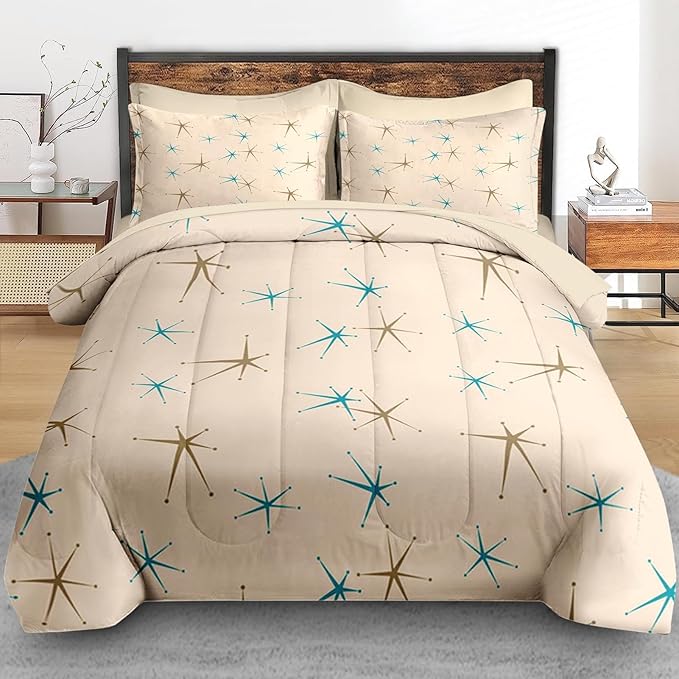 Comforter Set Twin Size, Mid Century Vintage Atomic 5 Pcs Bedding for Kids and Adults, Retro Geometric Science Bed Sheet Sets with Fitted Sheet Pillowcase & Sham for Bedroom Bed Decor