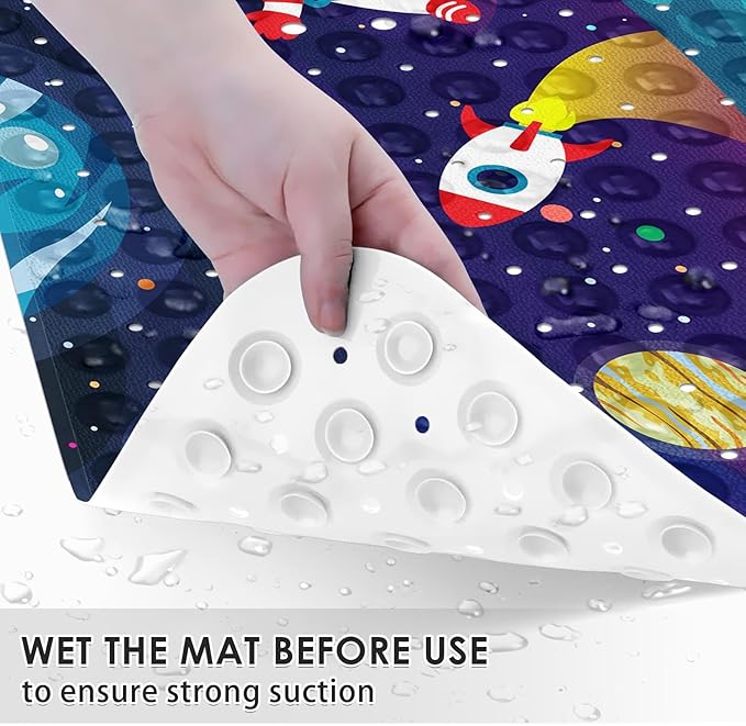 Baby Bath Mat for Tub for Kids, Space Astronaut Sun Moon 40 X 16 Inch Extra Long Toddler Bathtub Non Slip Earth World Shower Mat for Tub Anti Slip with Suction Cups and Drain Holes