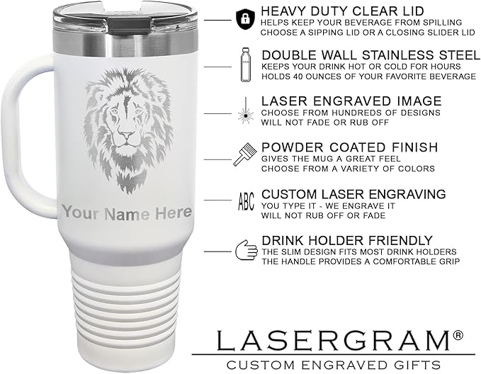 LaserGram 40oz Vacuum Insulated Travel Mug with Handle, Cup Cake, Personalized Engraving Included (White)