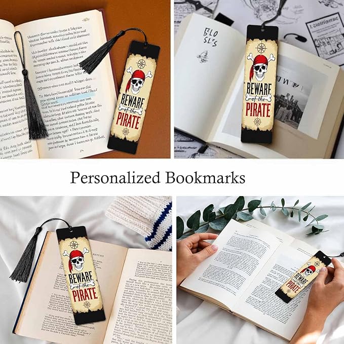 Beware Pirates Bookmarks 5 Pcs Halloween Compass Big Bone Skull Wooden Bookmark with Tassels for Reading Book Lovers Gift Office School Readers Teacher