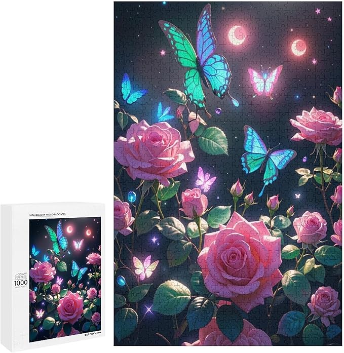 Wooden Puzzles 1000 Piece，Butterfly and Rose Themed Jigsaw Puzzles，Family Puzzles，Unique Gifts for Wall Art，Funny Puzzles，Stress Relief Games，Puzzle Games