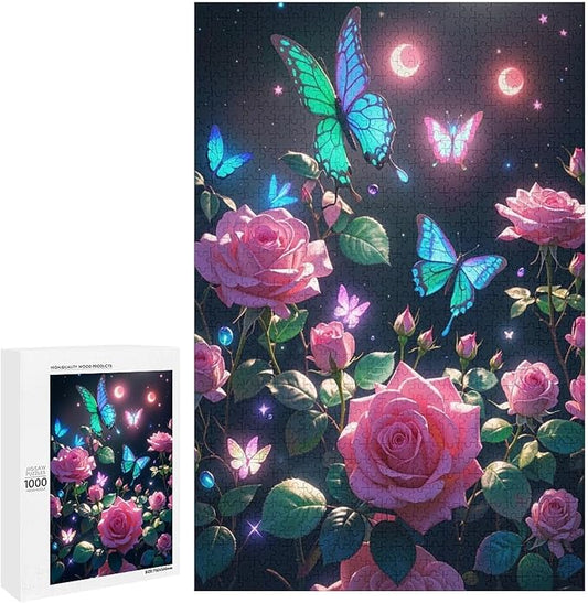 Wooden Puzzles 1000 Piece，Butterfly and Rose Themed Jigsaw Puzzles，Family Puzzles，Unique Gifts for Wall Art，Funny Puzzles，Stress Relief Games，Puzzle Games