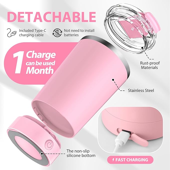 hatisan Self Stirring Coffee Mug With Lid Electric High Speed Self Stirring Mug 400ml Rechargeable Detachable Stainless Steel Self Stirring Cup for Coffee, Milk, Cocoa Christmas Gift(Pink)