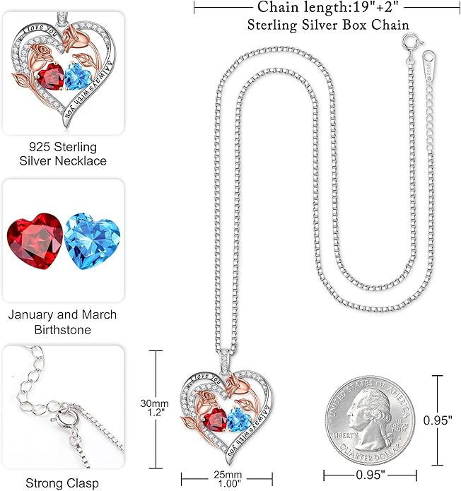 Iefil Valentines Day Gifts for Her - 925 Sterling Silver Rose Heart Birthstone Necklace Birthday Anniversary Jewelry Gifts for Her Wife Mom Daughter