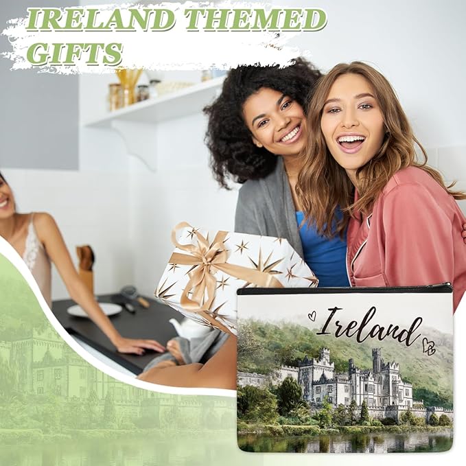 Kylemore Abbey Ireland Makeup Bag Gifts – Ireland Travel Essentials Watercolor Cosmetic Bag, Irish Gifts for Women Girls, Zipper Toiletry Pouch, Irish Souvenir Organizer Waterproof Linen