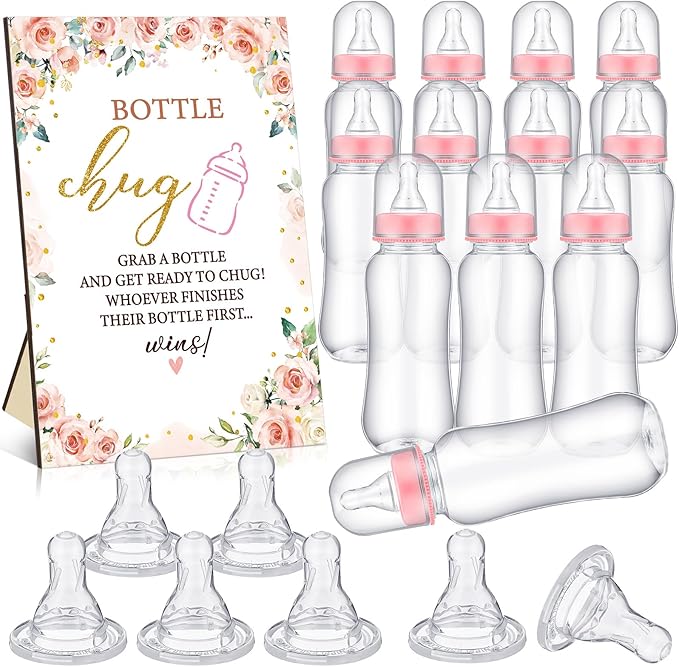 TrelaCo Floral Cool Baby Shower Games Bottle Chug Sign Wooden Floral Gift Sets Gender Reveal Party Favors and 12 Pcs Baby Bottle Shower Supplies for Games Gender Reveal