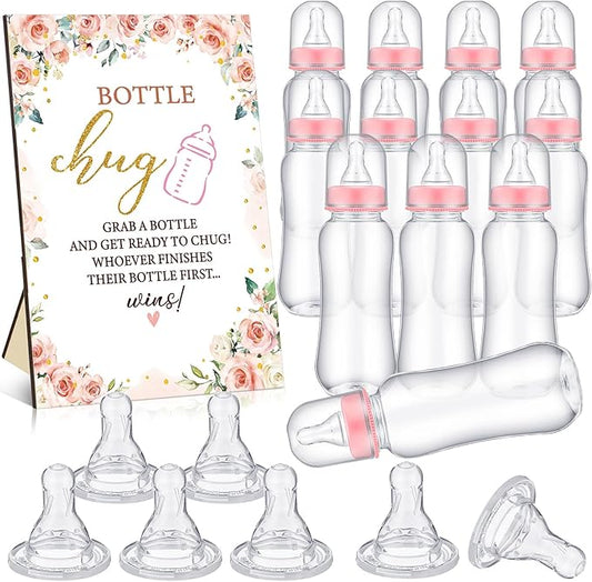 TrelaCo Floral Cool Baby Shower Games Bottle Chug Sign Wooden Floral Gift Sets Gender Reveal Party Favors and 12 Pcs Baby Bottle Shower Supplies for Games Gender Reveal