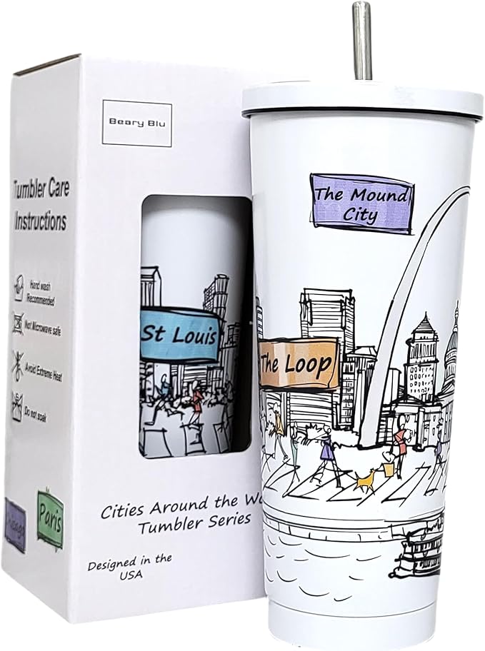 Cities Around the World 25 Oz Tumbler Series- Designed in the USA- Vacuum Insulated Tumbler with Lids Straw - Stainless Steel Coffee Water Travel Mug, Cup for Hot Cold Drink (St Louis)