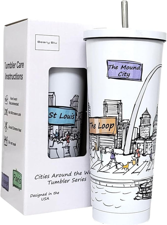 Cities Around the World 25 Oz Tumbler Series- Designed in the USA- Vacuum Insulated Tumbler with Lids Straw - Stainless Steel Coffee Water Travel Mug, Cup for Hot Cold Drink (St Louis)
