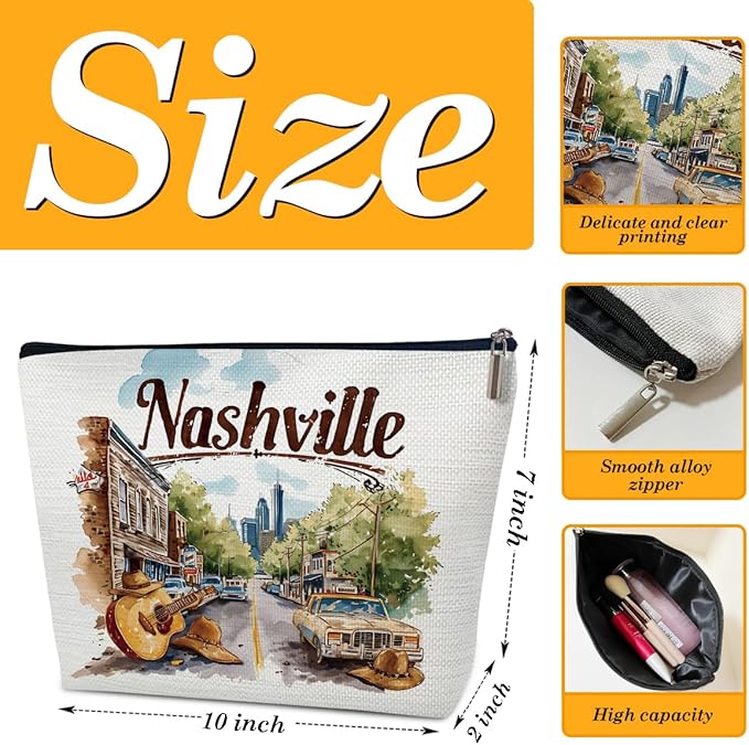 Nashville Travelling Gifts Makeup Bag, Watercolor Gift, Nashville Souvenir, Travel Cosmetic Bag for Purse, Trip Favors for Traveller, Travelling Lovers, City Themed Organizer