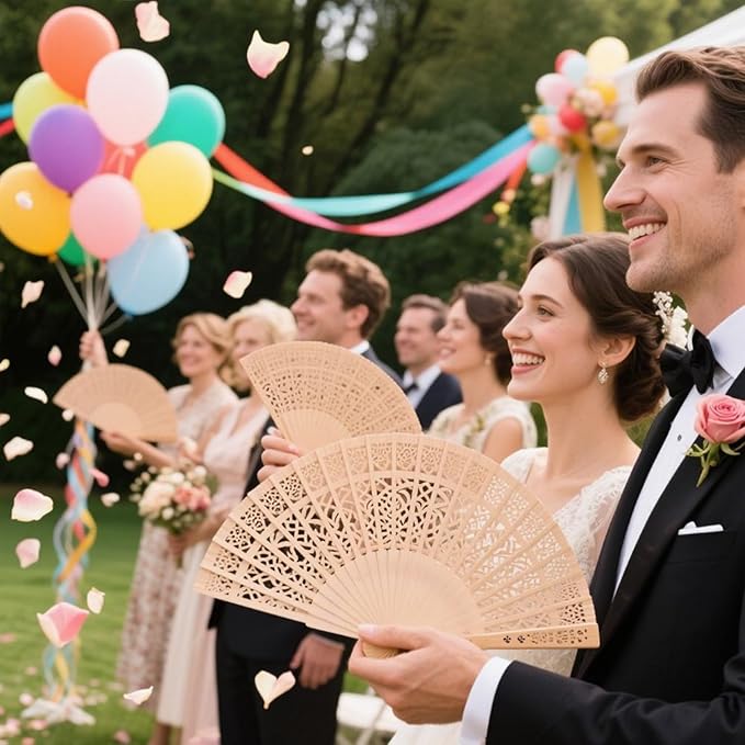 Wobe 60 Pack Sandalwood Fans Wedding Favors, Hand Held Folding Fans Wooden Openwork Personal Handheld Folding Fans for Wedding Party, Home Decorations Birthday Gift