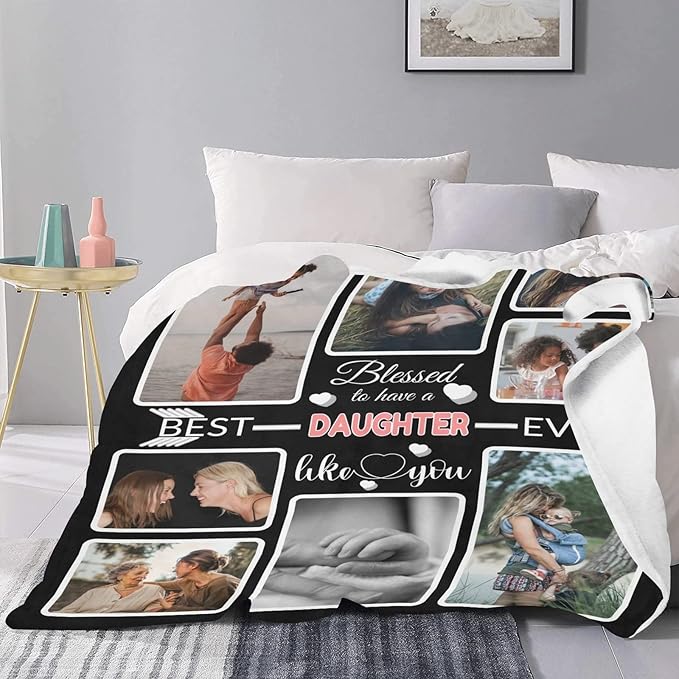 Custom Blanket Gifts for Daughter, Customized Blankets with Photos, Make a Personalized Bed Throws to My Daughter, Custom Souvenir Throw Blanket for Best Daughter Ever, 8 Collages Made in USA