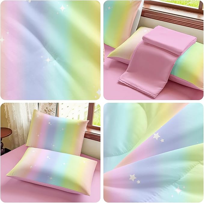Rainbow Bedding Set Full Size – 5 Piece Reversible Girls Comforter with Deep-Pocket Sheet, Gradient Galaxy Design, Whole-Piece Filling, Machine Washable Bed-in-a-Bag for Kids Room Makeover & Gifts