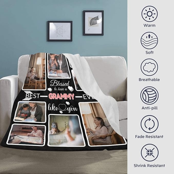 Custom Blanket Gifts for Grammy, Customized Blankets with Photos, Make a Personalized Bed Throws to My Grammy, Custom Souvenir Throw Blanket for Best Grammy Ever, 8 Collages Made in USA