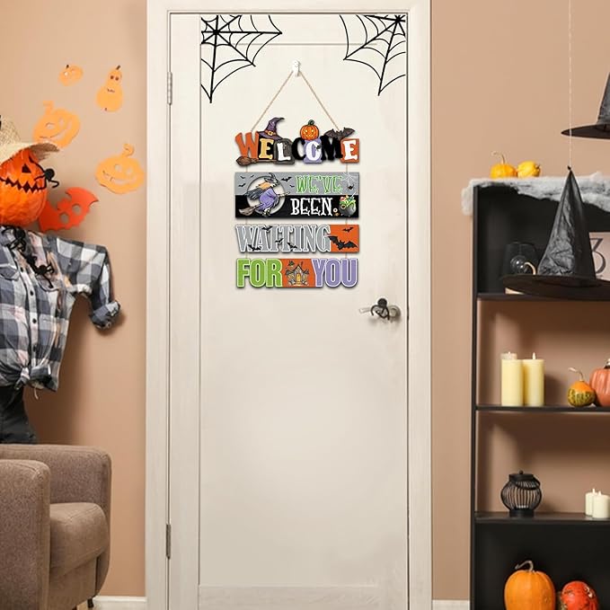 CHDITB Halloween Welcome Wooden Sign, Spooky Witch Wooden Hanging Plaque, Festive Halloween Front Door Sign, We've Been Watering for You Wall Art Hanger for Thanksgiving Decor