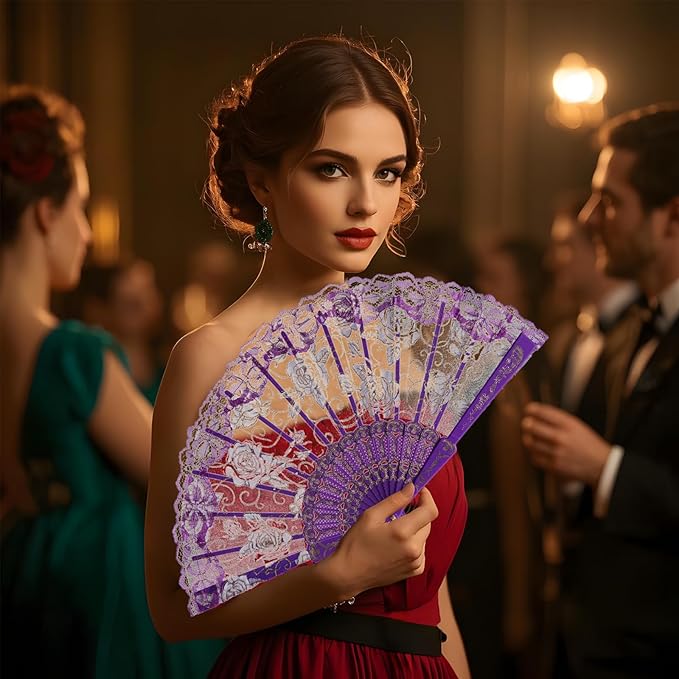 QIRMIZI 10 Pcs Rose Lace Folding Fans,Silk Folding Hand Fans, Perfect for Weddings, Parties, and Dancing,Purple