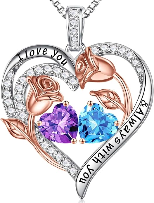 Iefil Valentines Day Gifts for Her - 925 Sterling Silver Rose Heart Birthstone Necklace Birthday Anniversary Jewelry Gifts for Her Wife Mom Daughter