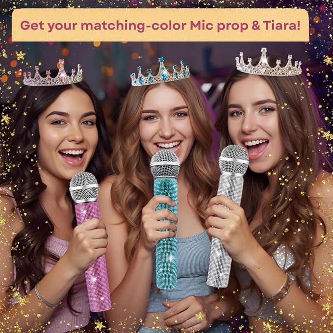 Bling Fake Microphone Prop and Crystal Tiara – Sparkly Rhinestone Toy Mic & Crown Girls Cosplay, Princess Dress Up