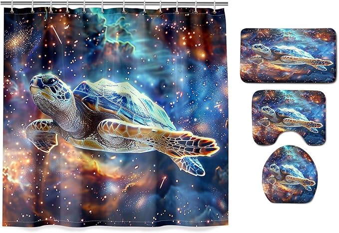 4 Pcs Turtle Shower Curtains for Bathroom Kids Shower Curtain Set Sea Turtle Shower Curtain for Room Turtle Bathroom Accessories with Rug,Toilet Cover and Bath Mat