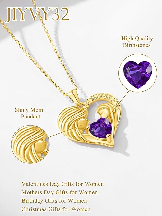 Mother and Daughter/Son Love Heart Necklace White Gold/14K Gold/Rose Gold Birthstone Jewelry Christmas Mothers Day Birthday Gifts For Mom Wife Grandma Women