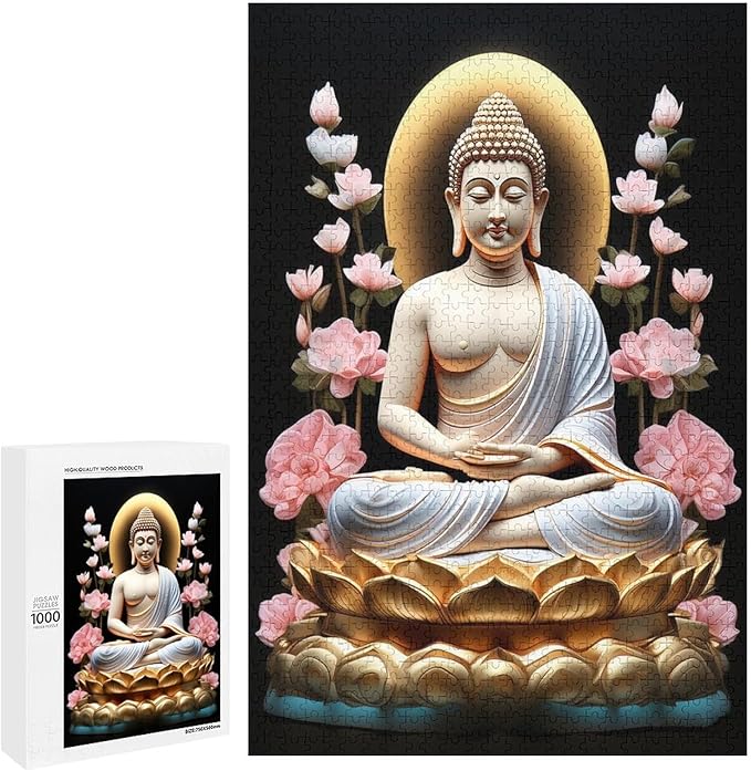 Buddha in A Golden Lotus Flower Wooden Puzzle 1000 Pieces Jigsaw Puzzles for Adults Puzzle Educational Toys Challenging Fun Games Gifts for Elders Kids Family and Friends