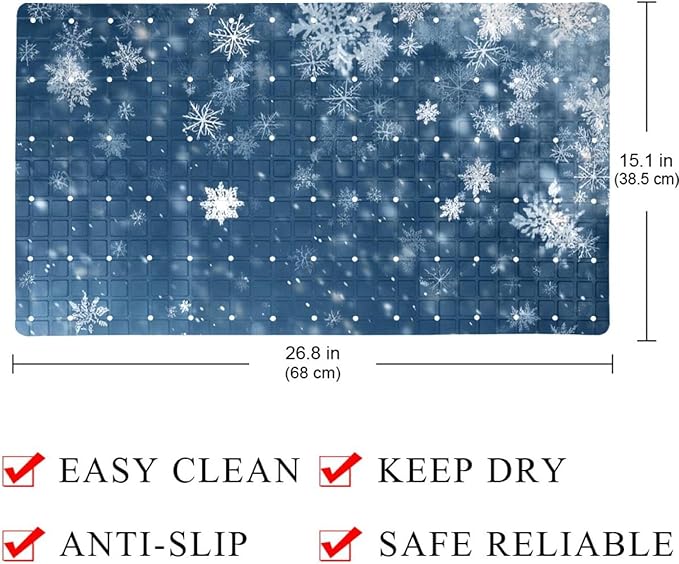 Christmas White Snowflakes on Blue Background Bath Tub and Shower Mats, Non Slip Bathmat with Drain Holes and Suction Cups for Bathroom Floor, 15.1 x 26.8 Inch