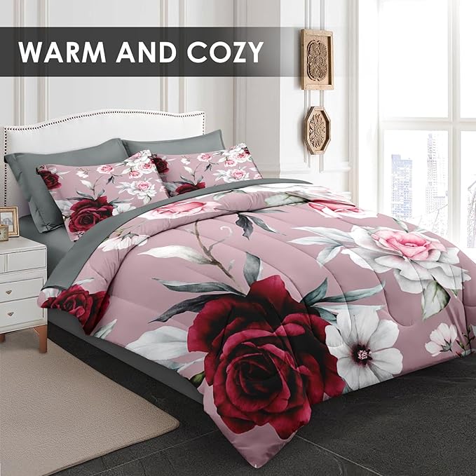 Comforter Set Full Size, Rose Leaves 7 Pcs Bedding for Kids and Adults, Painting Floral Vintage Bed Sheet Sets with Fitted Sheet 2 Pillowcases & 2 Shams for Bedroom Bed Decor