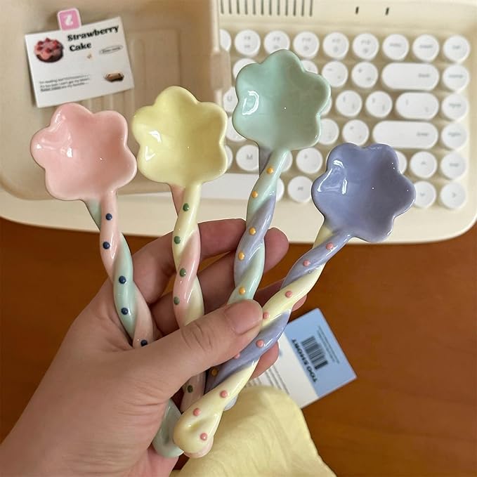 4-Pack - Ceramic Vintage Afternoon Tea, Coffee Whisk, Floral embossed beaded dessert spoon，Handmade Spoon, Long-Handle Coffee Scoop, tea scoop for loose tea, Size 5.9 * 1.5in(15 * 4cm)